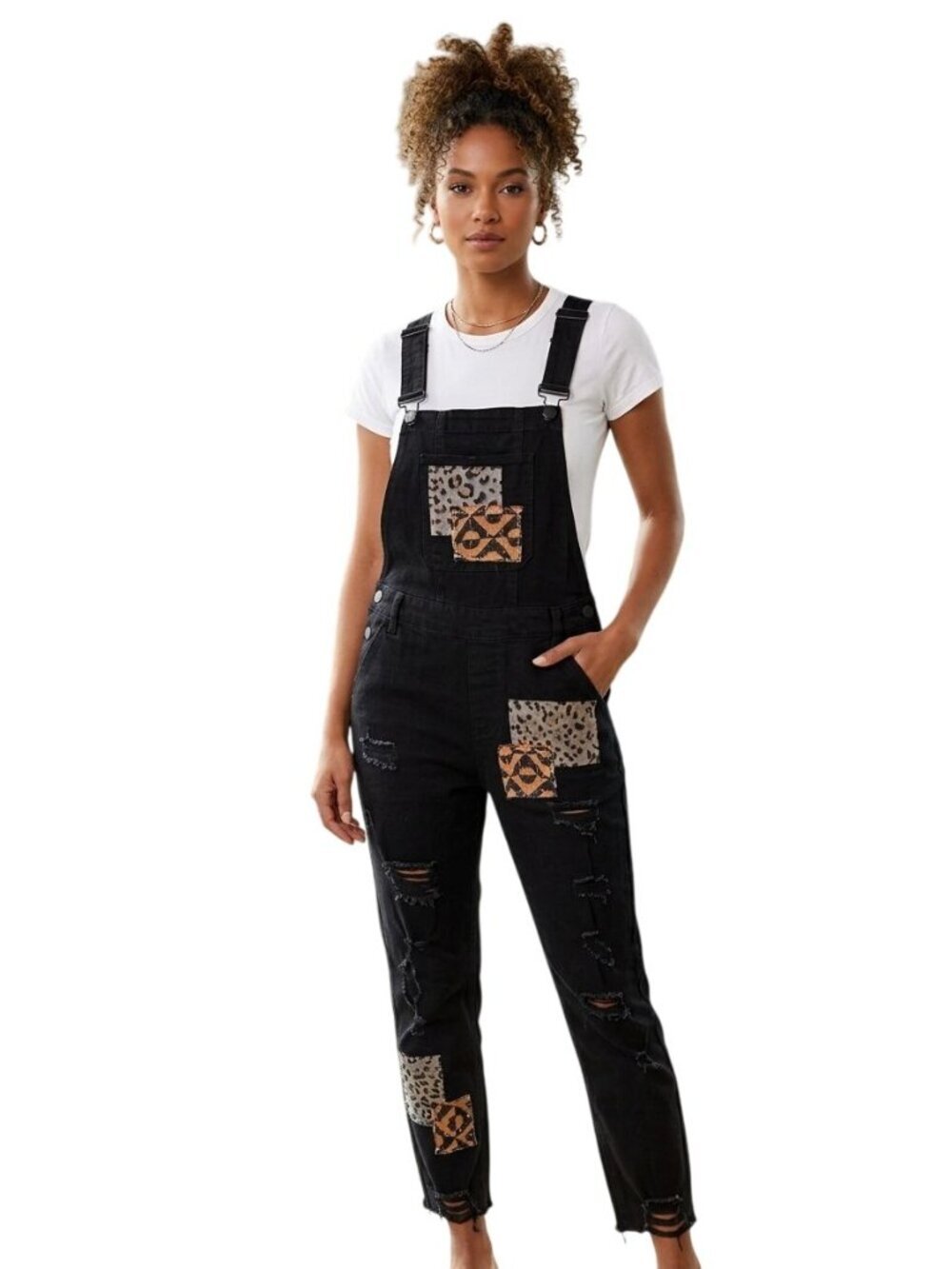 Dollhouse Black Handcrafted Patched Distressed Stretch Overalls Size 36